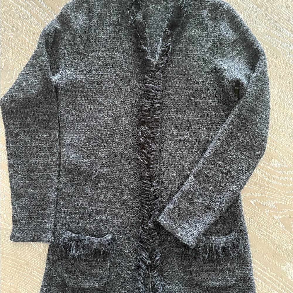 Tahari Gray Fringed Cardigan Sweater